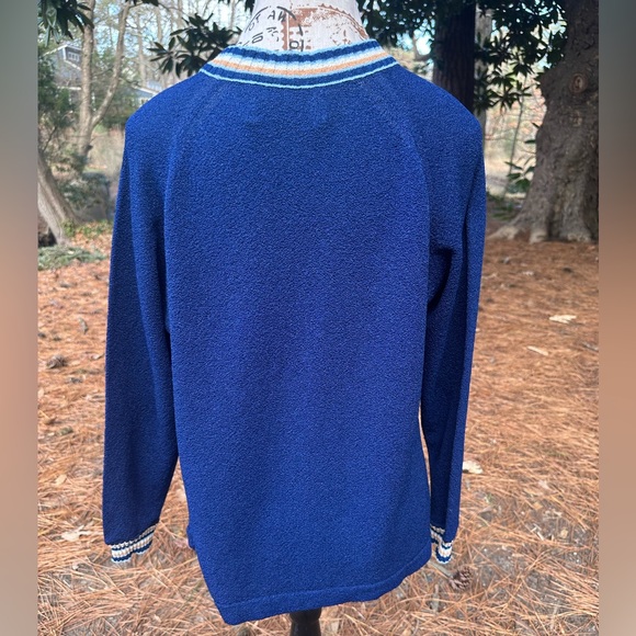 Vintage 1970s Talbott Travler Blue Textured Knit Cardigan Varsity Trim M Dacron - Picture 15 of 15